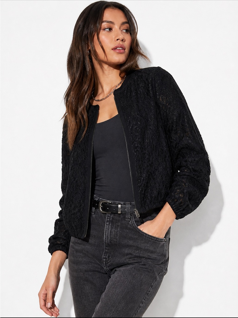 Michael Stars Black Lace Cropped Lined Lightweight Zipup Jacket Size Medium